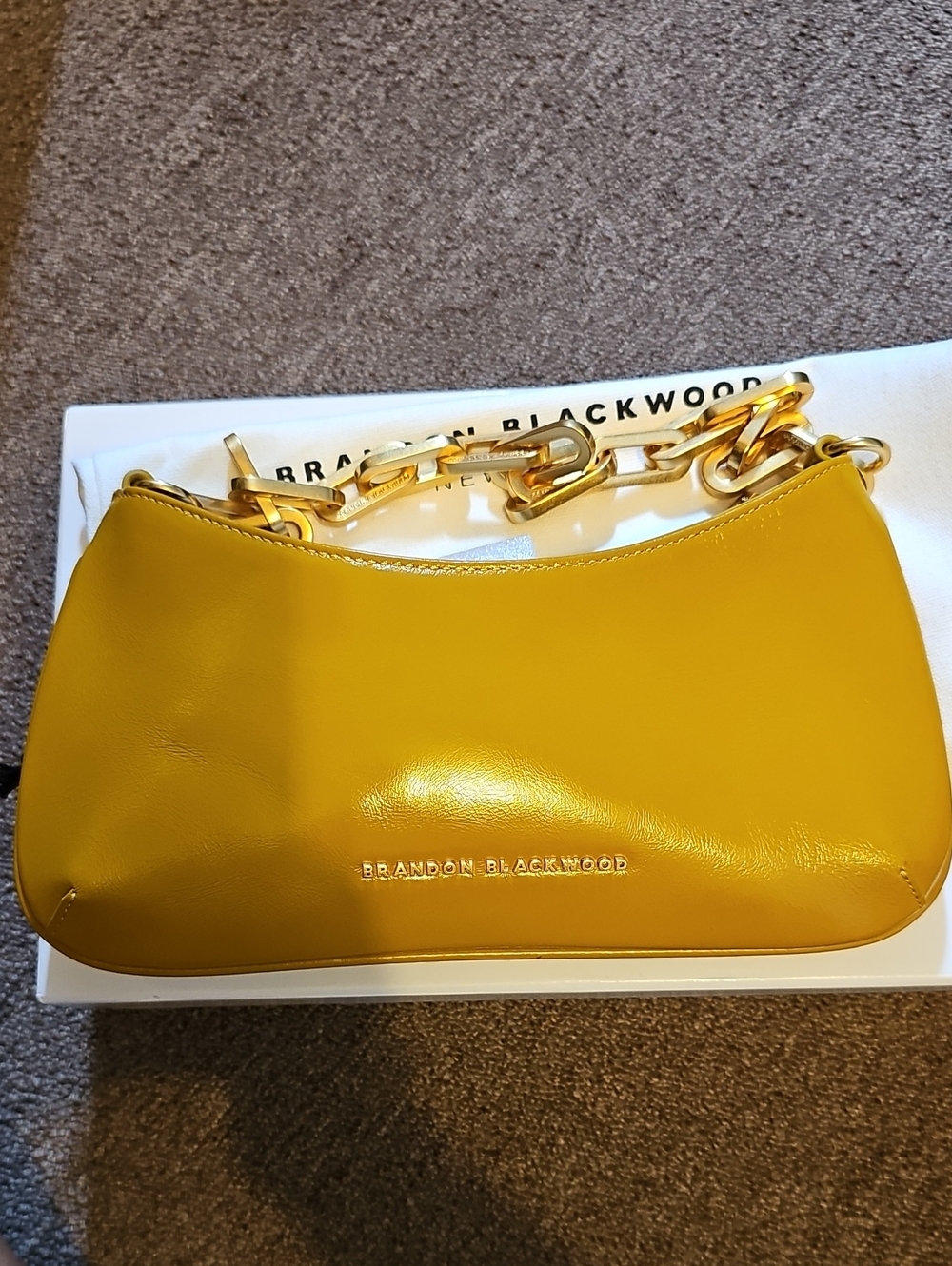 Brandon Blackwood Mustard Yellow Leather Shoulder Bag with Gold Chain